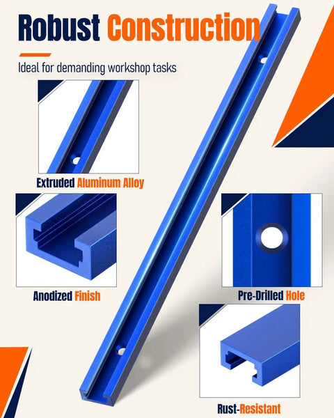 Two Pack 12 Inch Aluminum Pro Grade T Track For Woodworking Jigs And Fixtures With Double Cut Profile And Predrilled Mounting Holes And Screws Universal T Slot Rail For Drill Press And Router Tables. Detailed close-up showing blue anodized finish and pre-drilled holes.