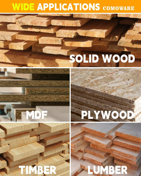 COMOWARE wood materials collage displaying solid wood, plywood, MDF, timber, and lumber