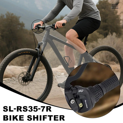 Cyclist riding bike with focus on 7 Speed Right Twist Shifter Lever For Mountain Bike, Commuter Bike, And Folding Bike, Easy Fingertip Shifting