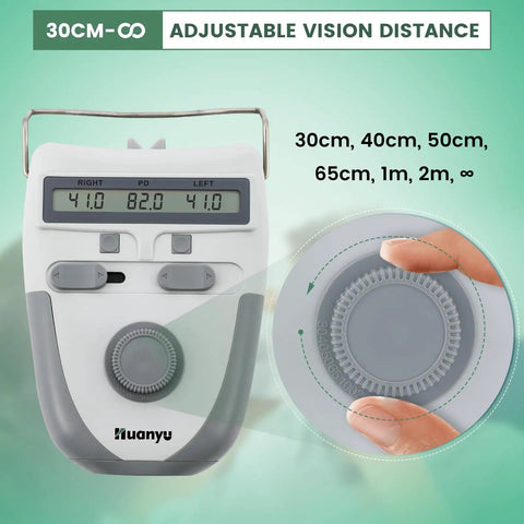 Pro Grade Digital PD PH LD Meter With Memory Function LCD Display showing adjustable vision distances 30cm to infinity.