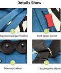 Details of Collapsible Shopping Cart With 360 Degree Swivel Wheels For Travel And Home in Lake Blue, showing zippers, pockets, wheels, straps.