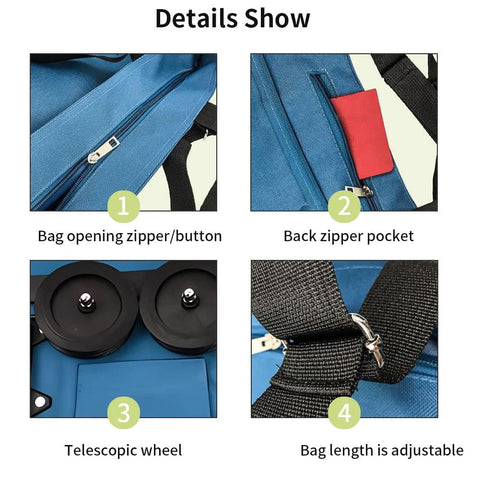 Close-up details of collapsible shopping cart features: zipper, back pocket, wheels, adjustable strap, in lake blue. Collapsible Shopping Cart With 360 Degree Swivel Wheels For Travel Camping And Home Use Large Capacity Foldable Tote Grocery Cart Reusable Space Saving Design Ideal For Groceries Errands And On The Go.