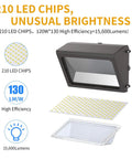 High Output LED Wall Pack Light 120W 15600LM 5000K Dusk to Dawn Photocell 100-277V DLC ETL Certified 210 LED chips.