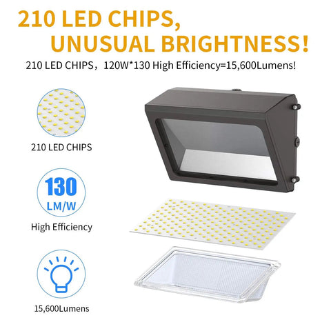 High Output LED Wall Pack Light 120W 15600LM 5000K Dusk to Dawn Photocell 100-277V DLC ETL Certified 210 LED chips.