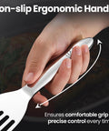Stainless steel fish spatula set with ergonomic non-slip handles; includes a large turner and small spatula.