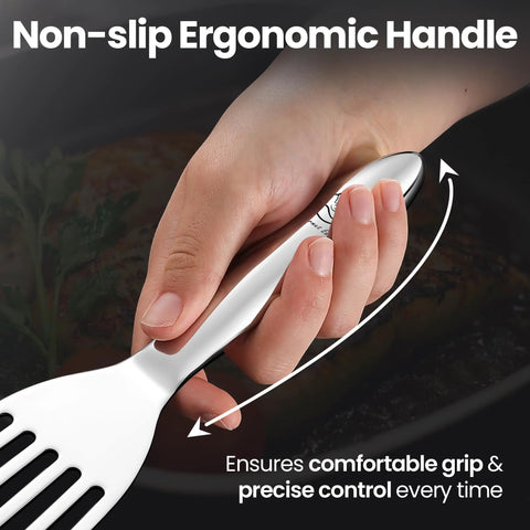 Stainless steel fish spatula set with ergonomic non-slip handles; includes a large turner and small spatula.