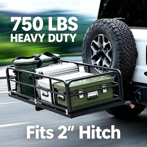 Heavy Duty Folding Hitch Cargo Carrier With 750 Pounds Capacity Fits Two Inch Receiver Includes Wheels And Handle For Easy Transport Ideal Gear Storage For SUVs RVs And Trucks loaded with gear