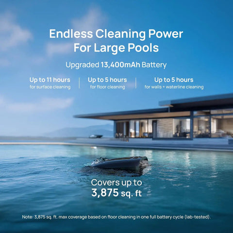 AquaSense 2 Pro Cordless Robotic Pool Cleaner in use on large residential pool, highlighting endless cleaning power for pools up to 3875 sq ft