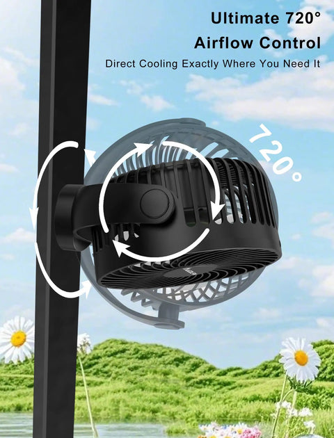 Rechargeable Magnetic Golf Cart Fan With 12000mAh Battery showing 720° airflow control, attached to a vertical surface outdoors.