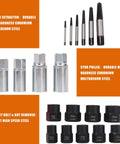 26 Piece Impact Bolt And Nut Remover Kit with Spiral Screw Extractor and 3 8 Drive Drill Bit displayed with labeled components.