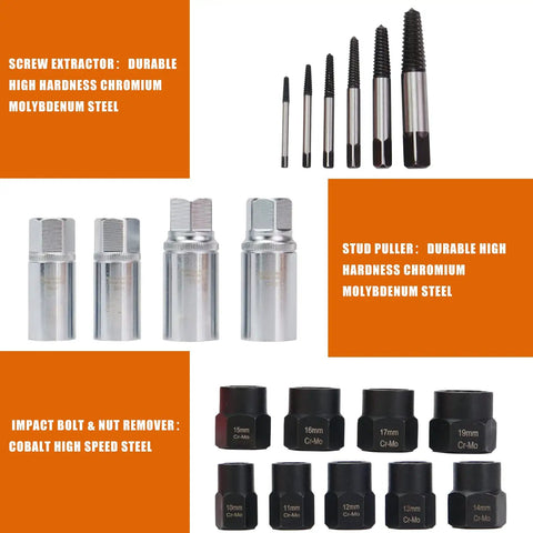 26 Piece Impact Bolt And Nut Remover Kit with Spiral Screw Extractor and 3 8 Drive Drill Bit displayed with labeled components.