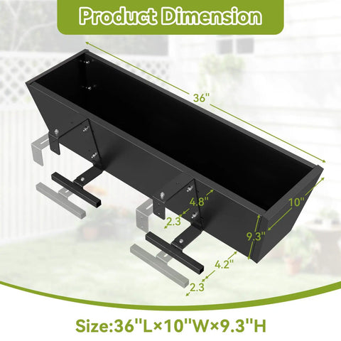 Tough As Nails Two Pack Metal Railing Planter Box 36 Inch Heavy Duty Rustproof Powder Coated Steel Flower Pot dimensions shown.