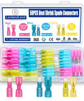 Heat Shrink Spade Connectors Set Beefy Heavy Duty Durable Waterproof Quick Disconnect Crimp Terminals kit with color-coded sizes.