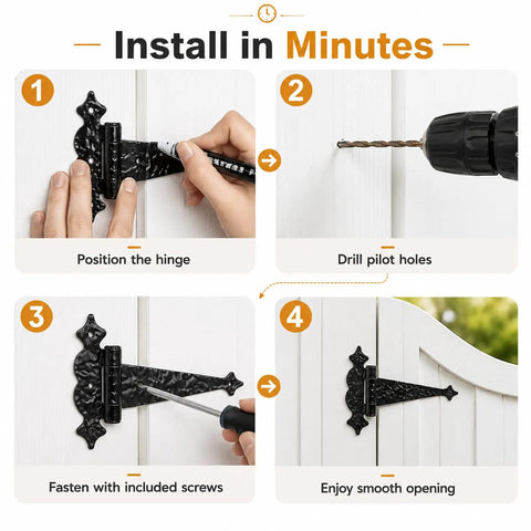 Installation process of 6 Inch Decorative Hammered Tee Hinges Two Pack Built To Last Heavy Duty Black T Strap Gate Hinges