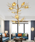 Make Your Spot Hit Different With This Top Notch Nine Light Art Branch Ceiling Pendant Light Featuring Chinese Zen Inspired Hanging Design And Durable Metal Build, modern gold branch light in living room.