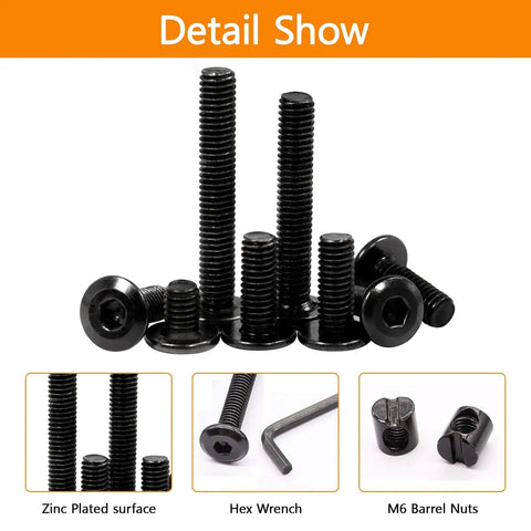 Crib And Furniture Hardware Replacement Kit With 30 Hex Socket Cap Screws And Barrel Nuts For Beds And Headboards, Bolts And Nuts Set With Wrench, Durable Carbon Steel M6 Sizes 20/30/40/50/60mm For Quick, Solid Furniture Updates.