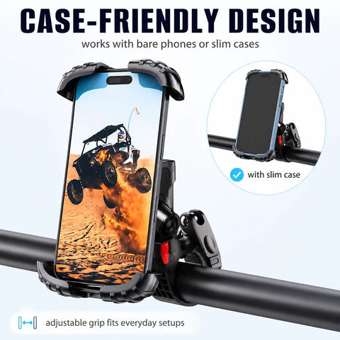 Heavy Duty UTV Phone Mount Designed For Gator Xuv845r Models showing case-friendly design for secure grip on phone.
