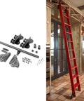 Top Notch Heavy Black Sliding Barn Door Hardware Kit Includes 20 Ft Rolling Steel Rail Track and Rust Proof Rollers displayed with ladder.