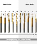 Genmitsu 50-piece tungsten carbide end mill set with 1/8 in shank; includes flat nose and ball nose bits, nano blue coat.