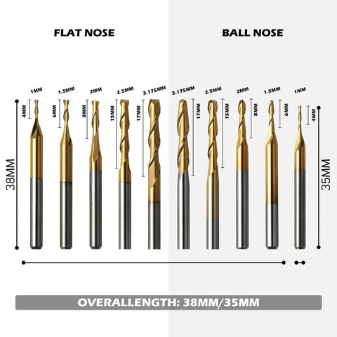 Genmitsu 50-piece tungsten carbide end mill set with 1/8 in shank; includes flat nose and ball nose bits, nano blue coat.
