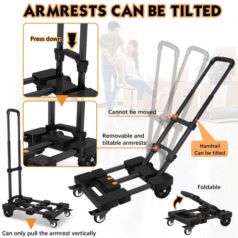Heavy Duty Hand Truck 500 Lb Capacity With One Touch Retractable Handle And Extendable Plate showing armrests and tilt features