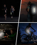 Double Sided Reflective Safety Keychain 4 Pack With Plastic Buckle For Backpack Running Cycling Hiking Black Reflective Tags For Night Visibility For Nighttime Rides And Daily Use, showing usage on runners, backpacks, pets, and bikes at night.