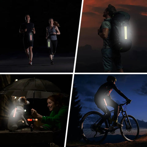 Double Sided Reflective Safety Keychain 4 Pack With Plastic Buckle For Backpack Running Cycling Hiking Black Reflective Tags For Night Visibility For Nighttime Rides And Daily Use, showing usage on runners, backpacks, pets, and bikes at night.