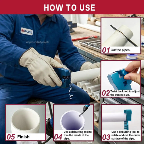 9 In 1 Pvc Pipe Deburring And Chamfering Tool Kit Handles Inner Outer Sizes With Adjustable Depth Guard For No Sweat Slick Bevels And Rock Solid Plumbing Fittings You Trust, showing usage steps for cutting and deburring pipes.