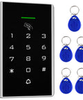 Rock Solid Stand Alone Door Access Control Keypad With 125 Khz Proximity Reader And Password Code Combo Including Five Heavy Duty Key Fob Tags for secure entry management.