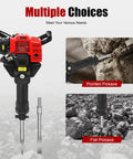 52Cc Gas Jack Hammer With 2.4Hp Two Stroke Engine Plus Two Steel Picks, showcased with pointed and flat pickaxes for diverse demolition tasks.