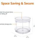 Clear Lazy Susan Turntable Organizer For Spices And Condiments With Smooth Rotating 2 Tier Design Nine Inch Diameter BPA Free Plastic Non Slip Base And Easy To Clean Kitchen Cabinet Storage, shown with dimensions and features.