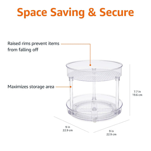 Clear Lazy Susan Turntable Organizer For Spices And Condiments With Smooth Rotating 2 Tier Design Nine Inch Diameter BPA Free Plastic Non Slip Base And Easy To Clean Kitchen Cabinet Storage, shown with dimensions and features.