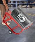 Heavy Duty Drum Cradle With Wheels Handles 600lbs Moving 55 Gallon Barrels in use for transporting in a warehouse.