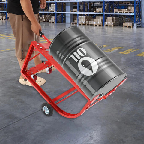 Heavy Duty Drum Cradle With Wheels Handles 600lbs Moving 55 Gallon Barrels in use for transporting in a warehouse.