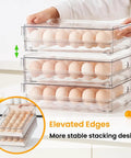 24 Egg Storage Organizer For Fridge, BPA Free Stackable Egg Holder, clear drawers showing egg storage and elevated edges design