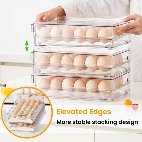24 Egg Storage Organizer For Fridge, BPA Free Stackable Egg Holder, clear drawers showing egg storage and elevated edges design