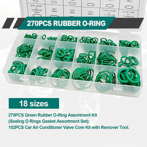 270 pcs green rubber O-ring assortment kit for R12 and R134a repairs with organizer box, valve core kit included