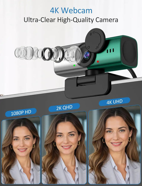 Crisp 4K Webcam For Pc Or Laptop With Killer Noise Cancelling Mic, Easy Plug Play Usb Setup Featuring Fast Autofocus And Silky Smooth Zoom, Tough Aluminum Build Totally Rock Solid For Streams Or Desk Calls In Silver Green, showing lens details.