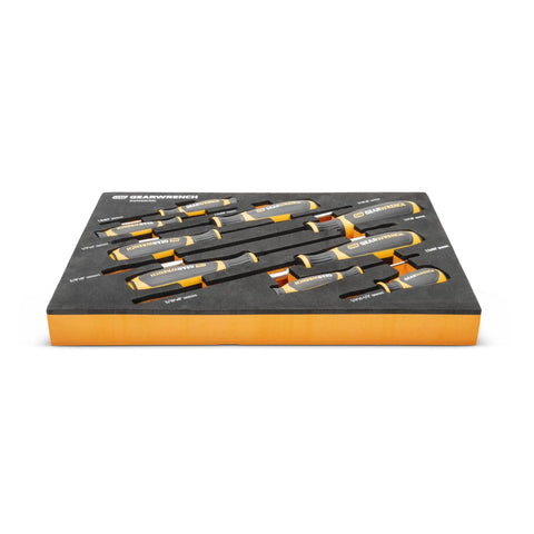 9 Piece Slotted Dual Material Screwdriver Set in Foam Storage Tray with Non-Slip Black Oxide Tips displayed in tray