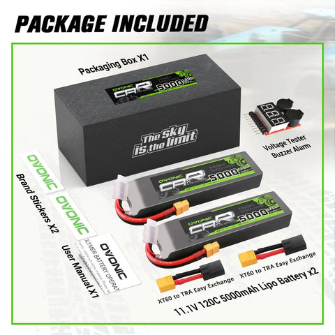 3S 11.1V 5000mAh 120C LiPo Battery With XT60 And Traxxas Plug Two Pack Includes box, stickers, manual, and voltage checker
