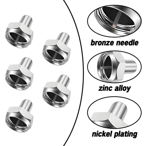 Image of F Type Terminator Caps 5 Pack with 75 Ohm Resistor for Unused Coax Ports, details include bronze needle, zinc alloy, nickel plating.