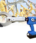 Electric Hydraulic Cable Cutter With 60KN Power, heavy-duty tool shown with two removable batteries, set against construction site.