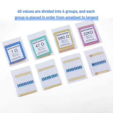 One Watt Metal Film Resistor Kit With Forty Distinct Values And Four Hundred Pieces From One Ohm To One Megohm Plus One Percent Tolerance, packages of resistors displayed in order from smallest to largest value.