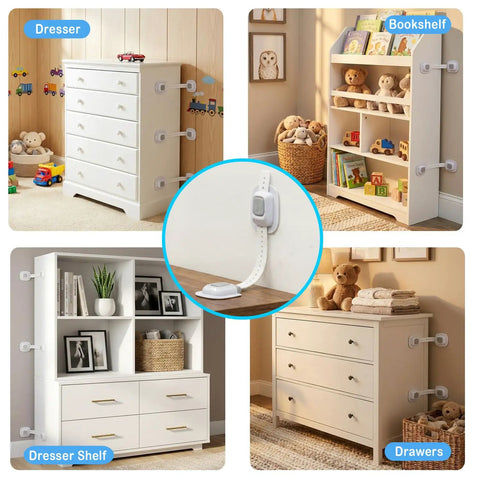 No Drill Anti Tip Furniture Straps With Heavy Duty Adhesive Wall Anchors To Keep Your Crib Safe Straight Up Damage Free Setup For Locking Down Dressers And Bookshelves Without Messy Holes Or Extra Tools Dual Pack securing a dresser and bookshelf.