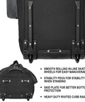 Constrictor Grey Golf Travel Bag With North Pole Golf Club Protector showing inline skate wheels and stability pegs, rear view.