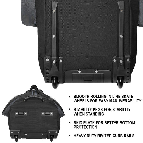 Constrictor Grey Golf Travel Bag With North Pole Golf Club Protector showing inline skate wheels and stability pegs, rear view.