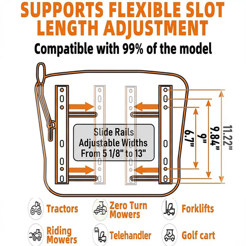 Universal Heavy Duty Operator Seat Skid Steer Tractor Backhoe Excavator showing adjustable slide rail length and versatility.
