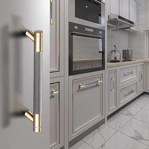50 Pack Knurled Cabinet Handles Set 5 Inch Center To Center Aluminum Drawer Pulls In Gold And Grey Oxidation Finish With Diamond Pattern Six Inch Length Commercial Grade Solid Aluminum Alloy Durable And Built To Last on kitchen cabinets