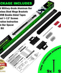 Beefy Security Door Bar For Inward Opening Doors Up To 32 Inches Black Finish, Marine Grade Aluminum Bar With Stainless Steel Brackets, Stud Mounted On Both Sides For Up To 2000 Lbs Battering Ram Resistance. Package includes bar, brackets, screws, tape, drill bit, and instructions.