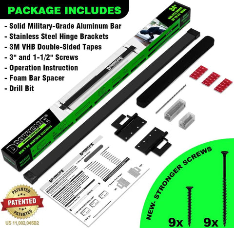 Beefy Security Door Bar For Inward Opening Doors Up To 32 Inches Black Finish, Marine Grade Aluminum Bar With Stainless Steel Brackets, Stud Mounted On Both Sides For Up To 2000 Lbs Battering Ram Resistance. Package includes bar, brackets, screws, tape, drill bit, and instructions.